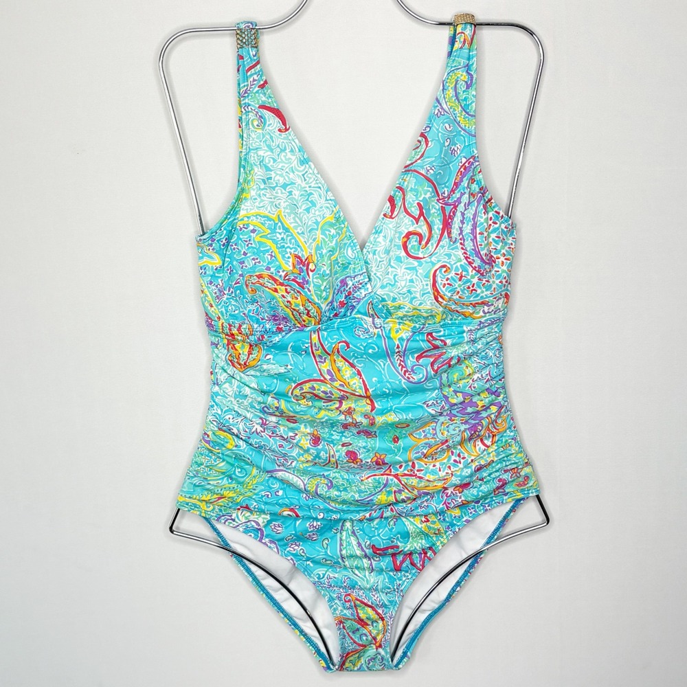 Lauren Ralph Lauren Paisley One Piece Swimsuit Blue Ruched Tummy Control Size 8